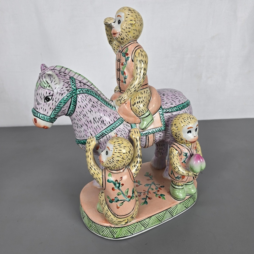 Chinese Famille Rose Porcelain Monkey Riding Horse Figurine Ma Shang Feng Hou